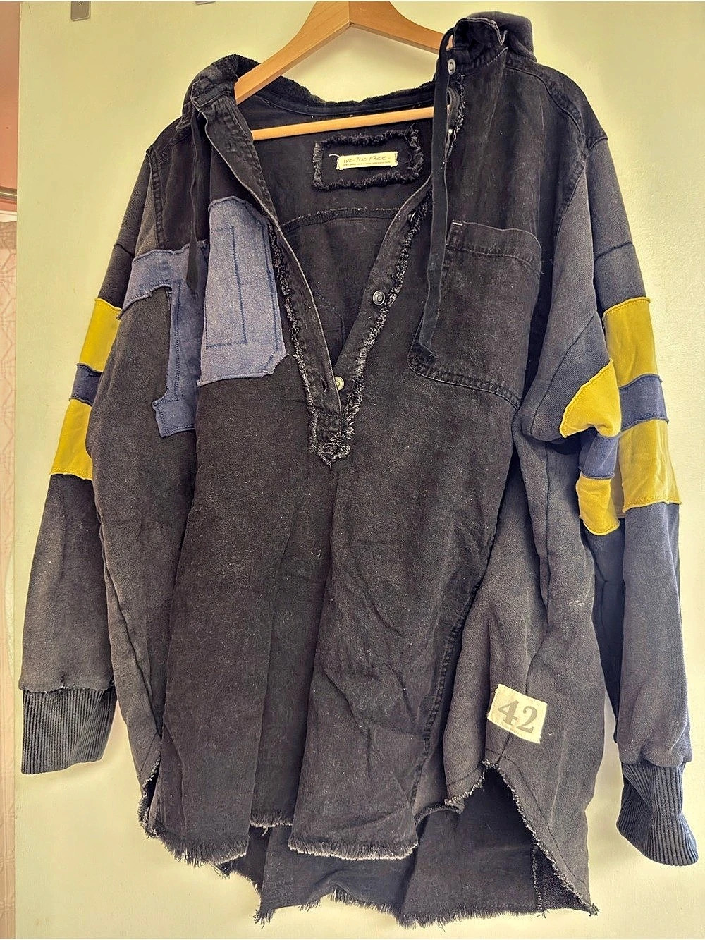 Free People Patchwork Hooded Jacket in Black, Blue & Yellow